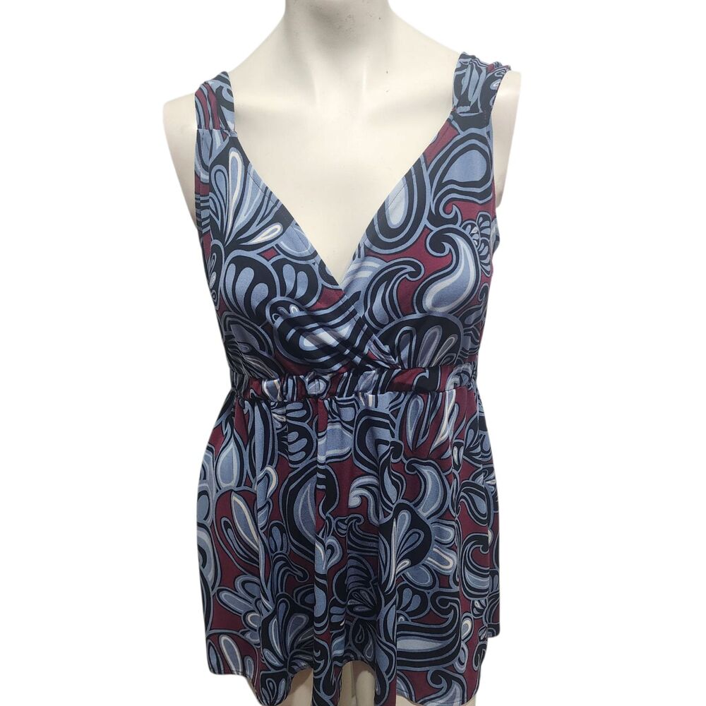 Nine West Babydoll Top Large Abstract Print Sleeveless V Neck‎ Flowy